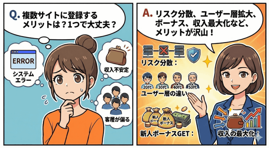 Q6: 複数の店舗に在籍できる？
A. ほとんどの事務所では複数登録OKです！！むしろ、稼いでる子の8割は掛け持ちしてますっ💰 ただし、一部の事務所では専属契約を求められることもあるので要確認です！