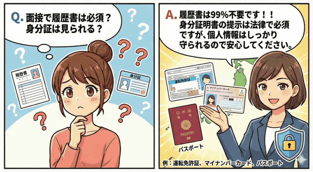 Q5: 面接で履歴書は必須？身分証は見られる？
A. チャットレディ事務所では、履歴書は99%不要です！！身分証明書の提示は法律で必須なんですが、個人情報はめっちゃしっかり守られるので安心してくださいっ💕