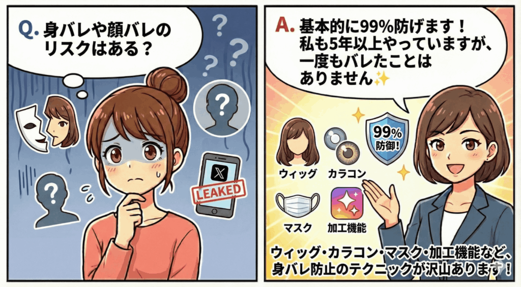 Q4.身バレや顔バレのリスクはある?
A. 正直に言うと、リスクゼロではありません。でも対策をしっかりすれば、99%防げます!私も5年以上やっていますが、一度もバレたことはありません✨