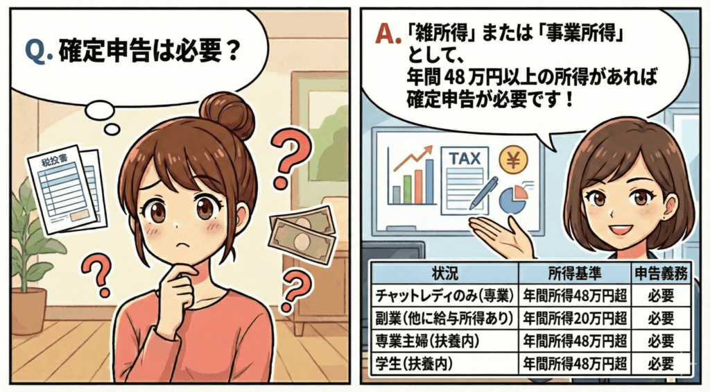 A. チャットレディの収入は「雑所得」または「事業所得」として、年間48万円以上の所得があれば確定申告が必要です！