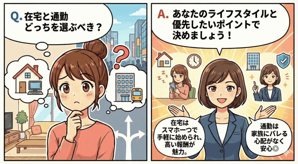 Q2.在宅と通勤どっちを選ぶべき?
A. あなたのライフスタイルと優先したいポイントで決めましょう!私のおすすめは「最初は通勤、慣れたら在宅」です✨