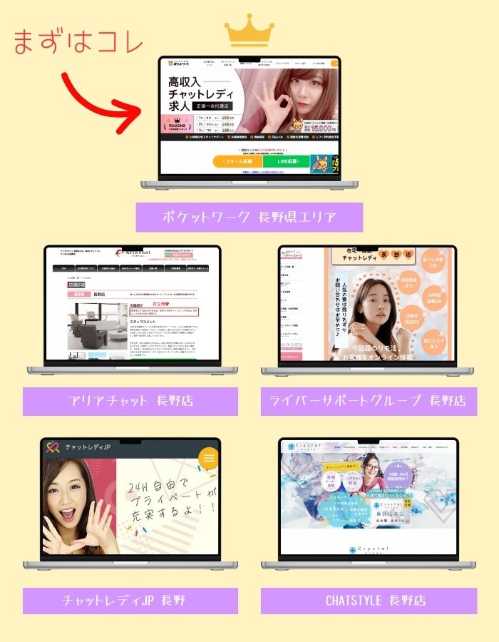 長野県でおすすめのチャットレディ事務所をまとめた画像！ まずは「ポケットワーク 長野県エリア」がおすすめかなぁ