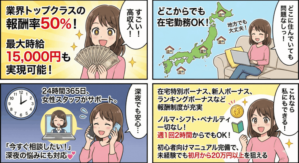 業界トップクラスの報酬率50%で、最大時給15,000円も実現可能（これマジです！）

どこからでも在宅勤務OK!どこに住んでいても問題なしっ

24時間365日、女性スタッフがサポート。「今すぐ相談したい!」という深夜の悩みにも対応してくれます💕

在宅特別ボーナス、新人ボーナス、ランキングボーナスなど報酬制度が充実

ノルマ・シフト・ペナルティ一切なし!週1回2時間からでもOK（めちゃくちゃ自由...!）

初心者向けマニュアル完備で、未経験でも初月から20万円以上を狙える