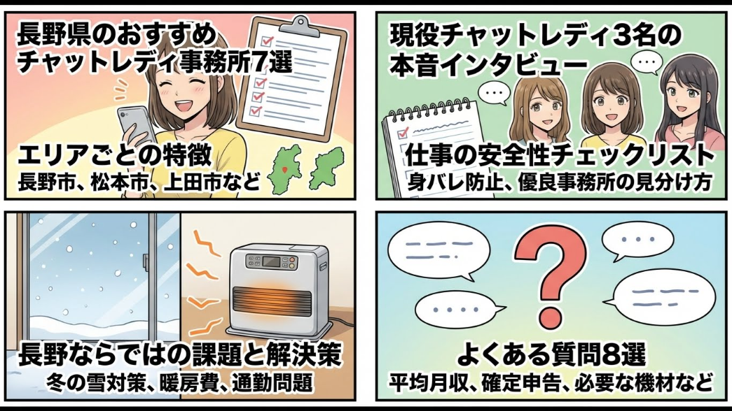 ✅ 長野県のおすすめチャットレディ事務所7選
✅ エリア別の特徴(長野市・松本市・上田市など)
✅ 現役チャットレディ3名の本音インタビュー
✅ 安全に働くためのチェックリスト(身バレ防止・優良事務所の見分け方)
✅ 長野特有の課題と対策(冬の雪対策・暖房費・通勤問題)
✅ よくある質問8選(報酬相場・確定申告・必要機材など)