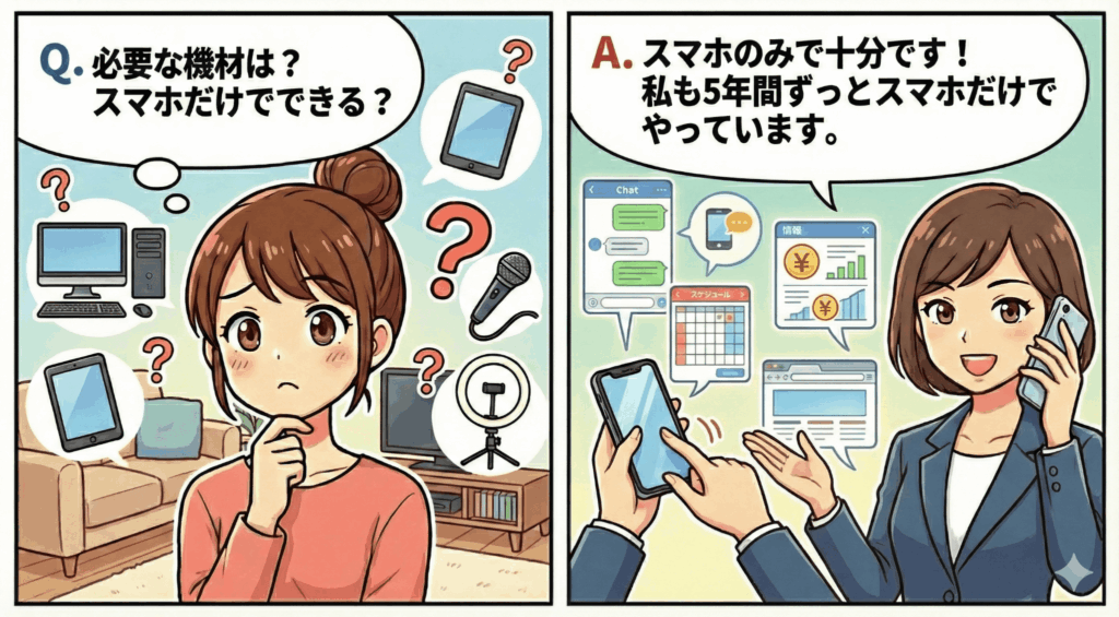 Q7: 必要な機材は？スマホだけでできる？
A. スマホのみで十分です！他のサイトを見るとノートパソコンを推奨していますが、スマホで大丈夫！私も5年間ずっとスマホだけでやっています笑
