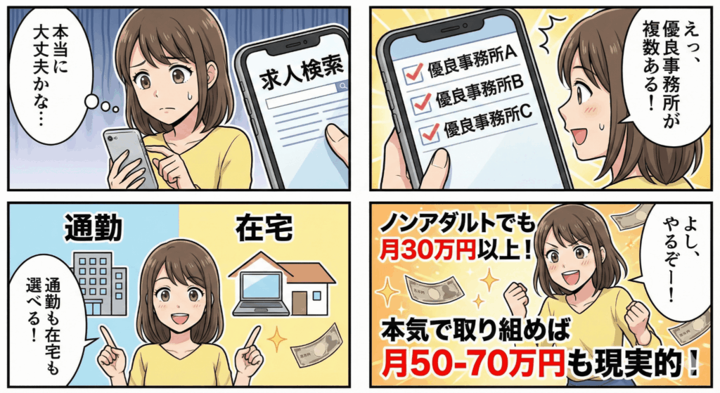 実際に調べると、優良事務所が複数あり、通勤・在宅どちらも選択可能なことがわかりました。
さらに...！ノンアダルトでも月30万円以上、本気で取り組めば月50-70万円も現実的です。