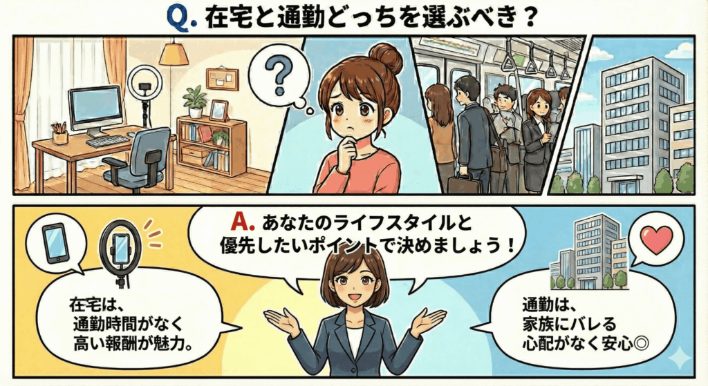 在宅は、通勤時間がなく高い報酬が魅力。通勤は、家族にバレる心配がなく安心◎